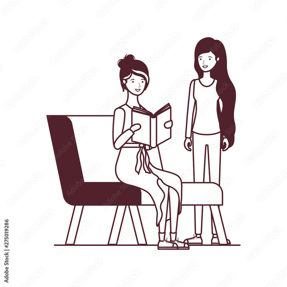 silhouette of women sitting on chair with book in hands