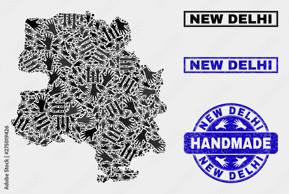 Vector handmade composition of New Delhi City map and rubber watermarks. Mosaic New Delhi City map is constructed of random hands. Blue watermarks with distress rubber texture. Vector handmade composition of New Delhi City map and rubber watermarks. Mosaic New Delhi City map is constructed of random hands. Blue watermarks with distress rubber texture.