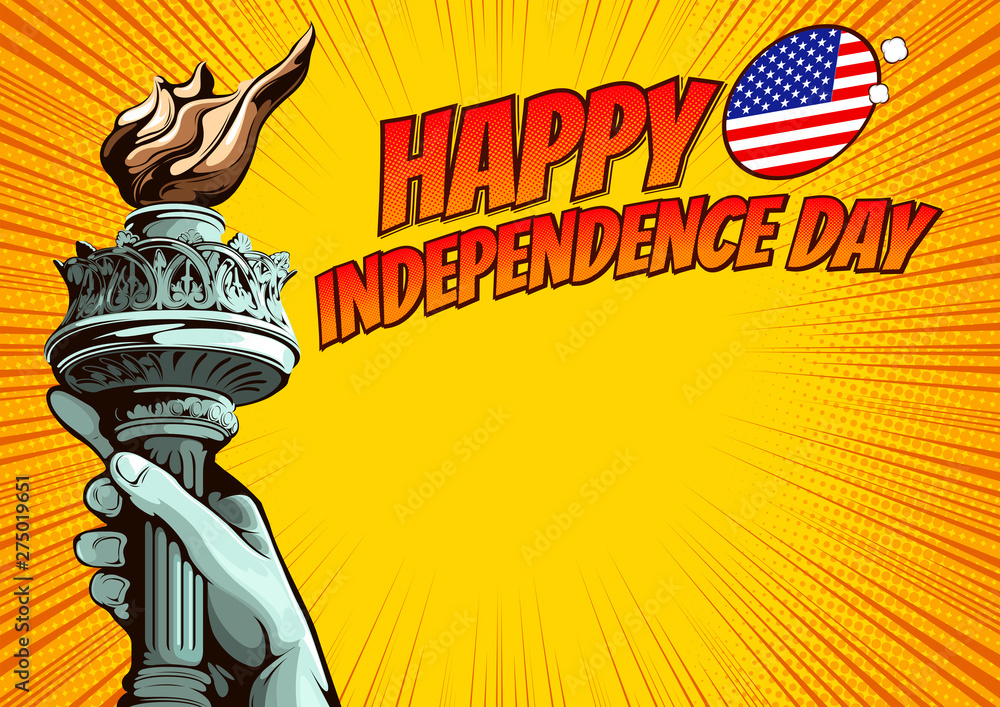 Hand Of The Statue Of Liberty Independence Day Comic Book Cover Template On Yellow Background