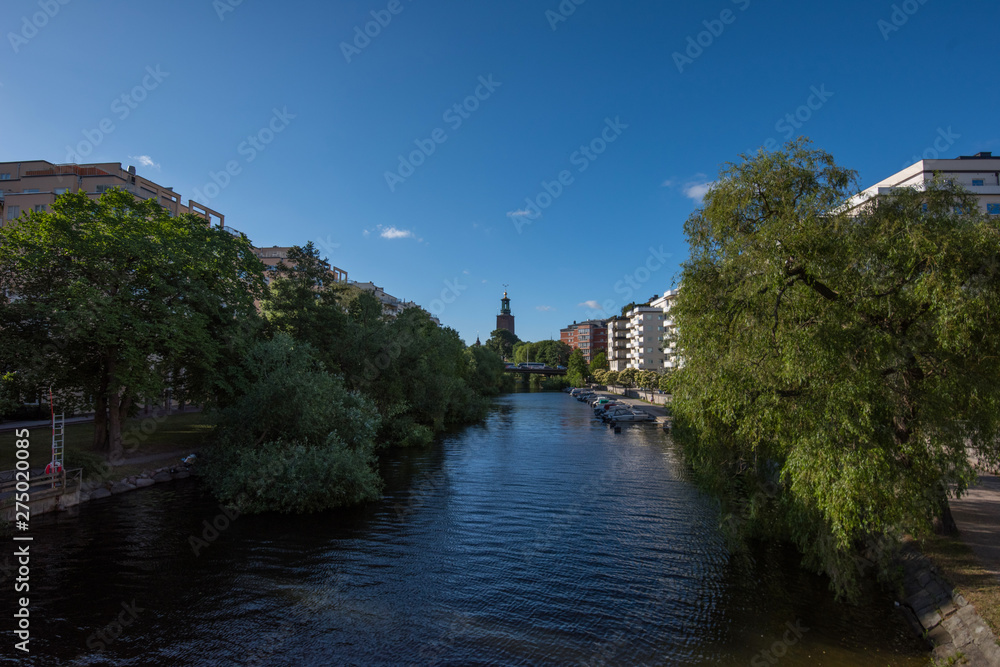 View from the Kungsholmen island in Stockholm, the Karlbergskanalen and Klara sjö canal an early sommer morning, View from the Kungsholmen island in Stockholm, the Karlbergskanalen and Klara sjö canal an early sommer morning,