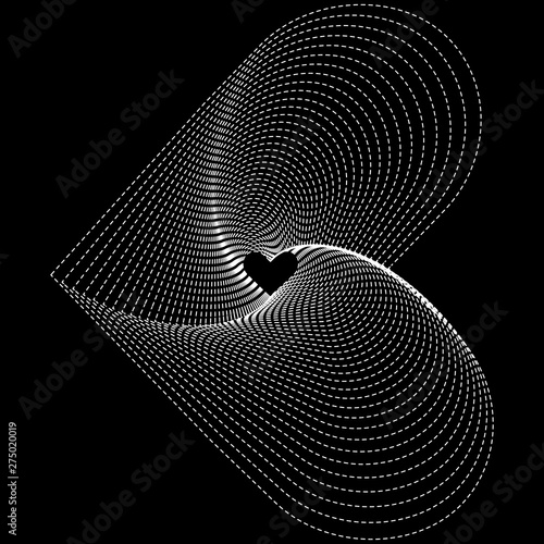 Monochrome Geometric Gradation in form of heart isolated on black background. Vector illustration