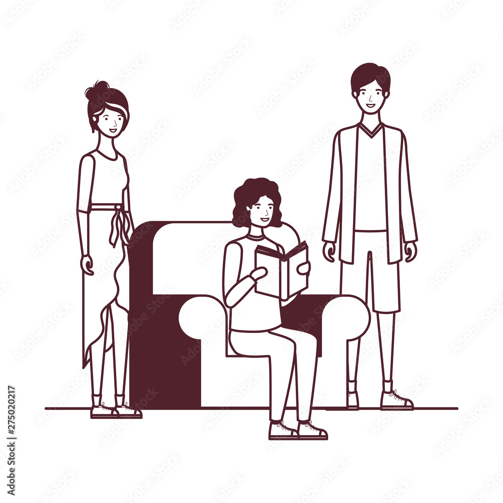 silhouette of group of people sitting on chair with book in hands silhouette of group of people sitting on chair with book in hands