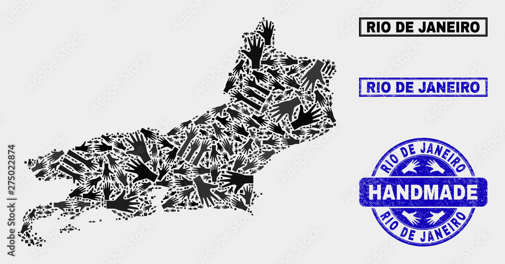 Vector handmade combination of Rio de Janeiro State map and rubber watermarks. Mosaic Rio de Janeiro State map is done with scattered hands. Blue watermarks with unclean rubber texture. Vector handmade combination of Rio de Janeiro State map and rubber watermarks. Mosaic Rio de Janeiro State map is done with scattered hands. Blue watermarks with unclean rubber texture.