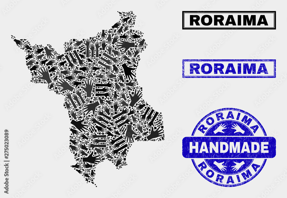 Vector handmade collage of Roraima State map and grunge stamps. Mosaic Roraima State map is designed with random hands. Blue seals with distress rubber texture. Vector handmade collage of Roraima State map and grunge stamps. Mosaic Roraima State map is designed with random hands. Blue seals with distress rubber texture.
