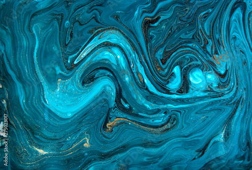 Blue and gold marbling pattern. Golden marble liquid texture. © anya babii