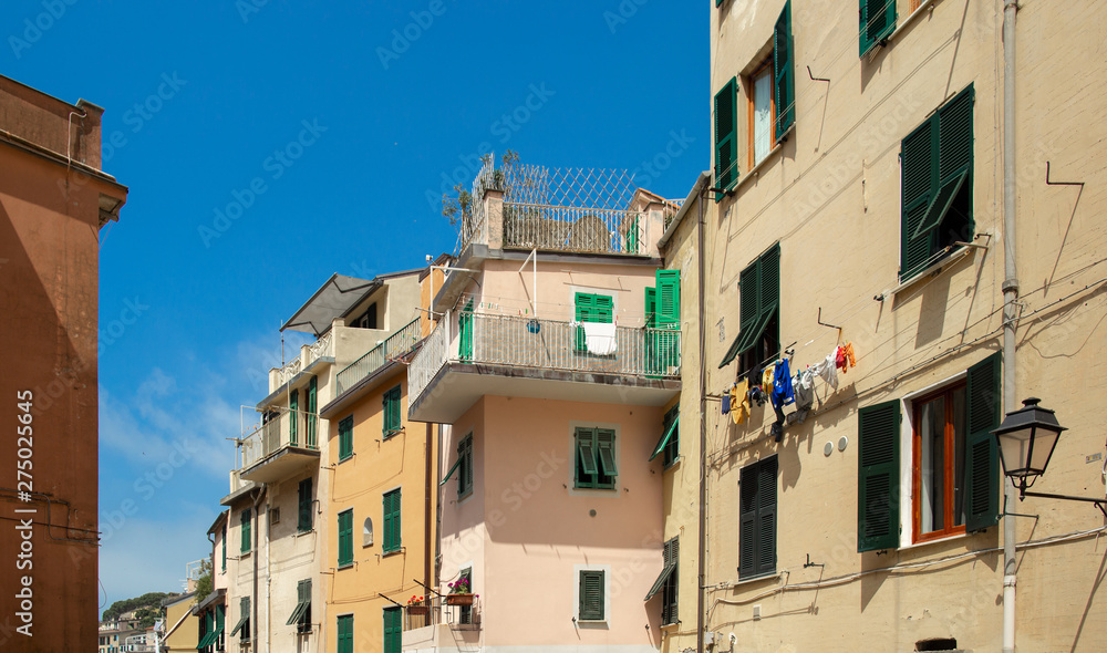 Beautiful building facade in Riomaggiore, Cinque Terre, Italy. Summer cityscape