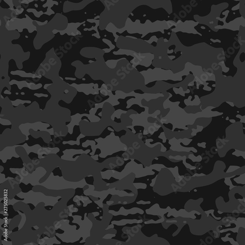 Camouflage seamless texture. Modern fashion design. Grunge camo military pattern. Black and white ink monochrome, fashionable, fabric. Vector background