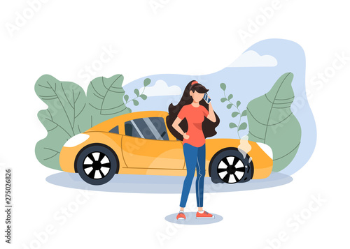 Girl calling car road assistance for help. Burst wheel. Insurance accident on road. Flat vector illustration.