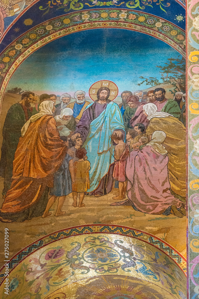 Naklejka premium Church of the Savior on Spilled Blood. mosaic depicts a scene from the life of Christ.