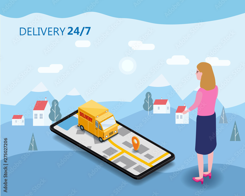 Fototapeta premium Online Delivery Concept and Shopping Online. Smartphone with buyer woman moped, truck, drone, buyer