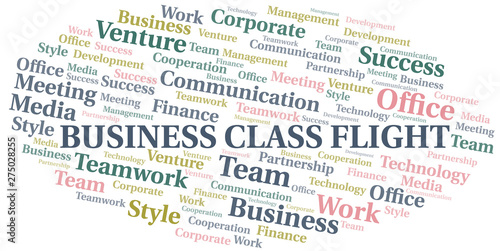 Business Class Flight word cloud. Collage made with text only.