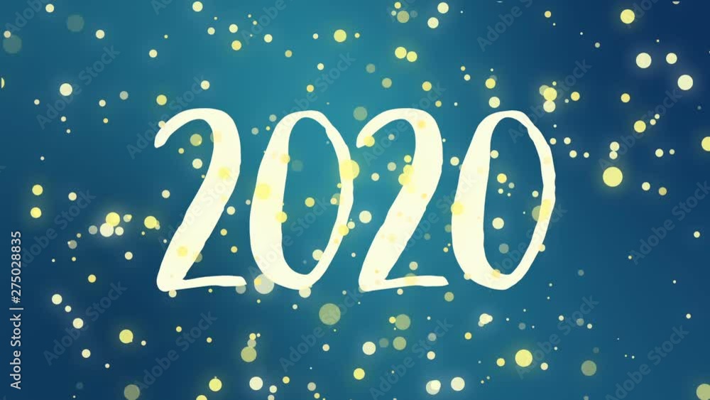 Teal blue Happy New Year 2020 greeting card video animation with handwritten numbers and falling sparkly yellow particles. Teal blue Happy New Year 2020 greeting card video animation with handwritten numbers and falling sparkly yellow particles.