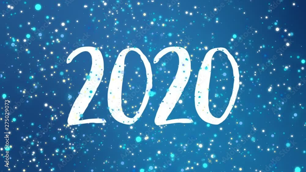 Sparkly Happy New Year 2020 greeting card video animation with falling snowflakes and colorful glitter particles flickering on blue background. Sparkly Happy New Year 2020 greeting card video animation with falling snowflakes and colorful glitter particles flickering on blue background.