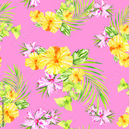 delicate floral tropical seamless pattern  hibiscus flowers and palm leaves on a pink background  romantic Hawaiian bouquets  a beautiful summer print.