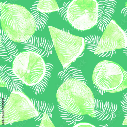 seamless tropical pattern, palm leaves and green citrus fruits, juicy green background. watercolor-painted lemons, limes, coconut palm branches.