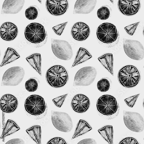 Monochrome black and white seamless pattern of citrus watercolor texture on a gray background.