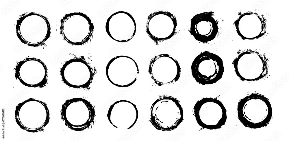 Grunge circle textured set. Circle grunge design elements. Dirty ink texture splatters. Vector round shape.  Dirty ink texture splatters, design elements, blank shapes. Vector set