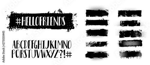Black brush stroke set and handwritten alphabet. Choose a texture and write on it with a unique font. Abstract vector grunge hand - painted element. Vector set. Brush stroke and handwritten font