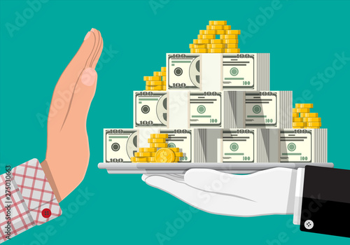 Hand giving money to other hand. Tray full of dollar banknotes , gold coins. Hidden wages, salaries black payments, tax evasion, bribe. Anti corruption concept. Vector illustration in flat style