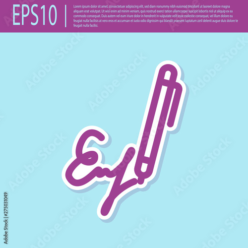 Retro purple Signature line icon isolated on turquoise background. Pen and undersign, underwrite, ratify symbol. Vector Illustration