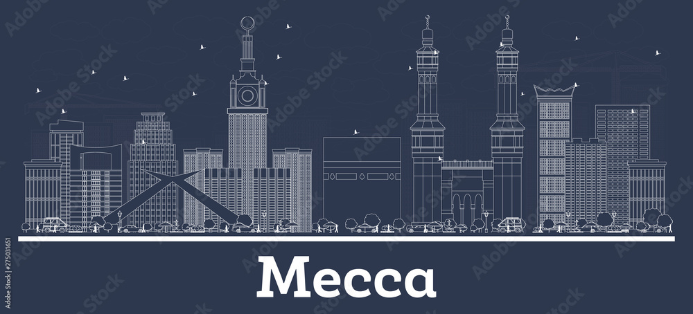 Outline Mecca Saudi Arabia City Skyline with White Buildings.