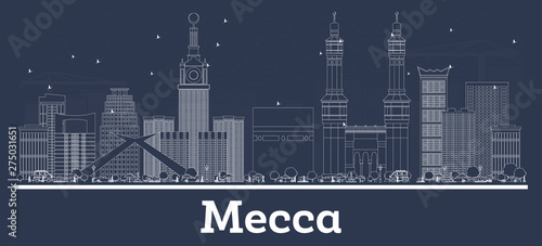 Outline Mecca Saudi Arabia City Skyline with White Buildings.