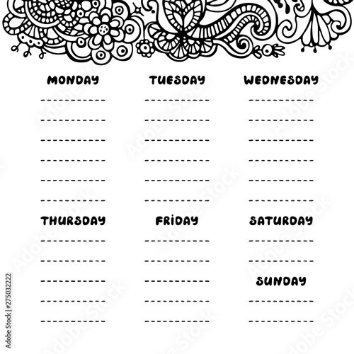 Hand drawing black and white weekly planner template. Cute doodle stationery organizer and schedule for daily plans, diary, schedules. Bullet journal style. Vector illustration.
