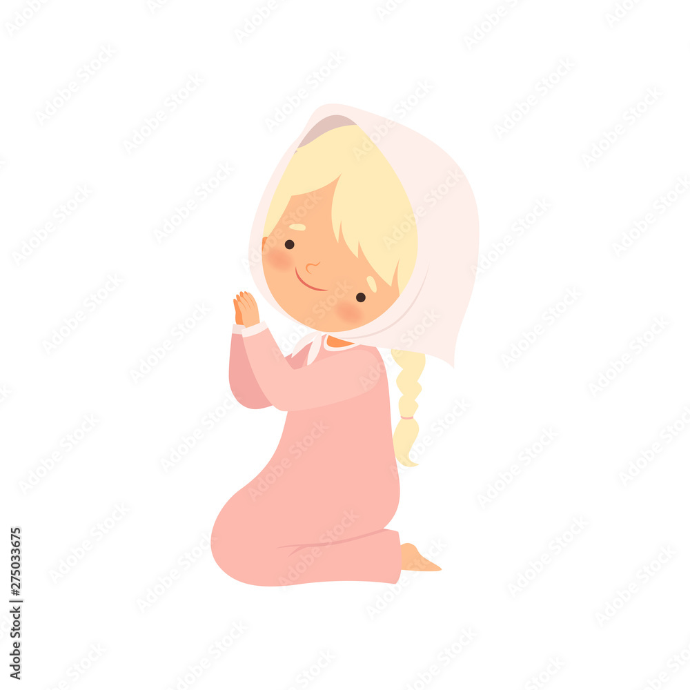 Cute Little Girl Character Kneeling in Prayer Cartoon Vector Illustration Cute Little Girl Character Kneeling in Prayer Cartoon Vector Illustration