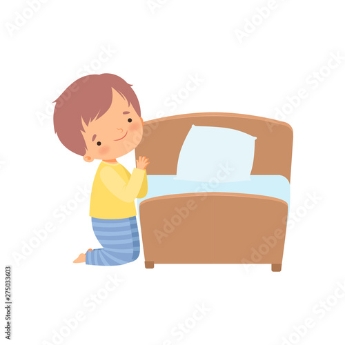 Cute Little Boy Character Praying Before Going to Bed Vector Illustration