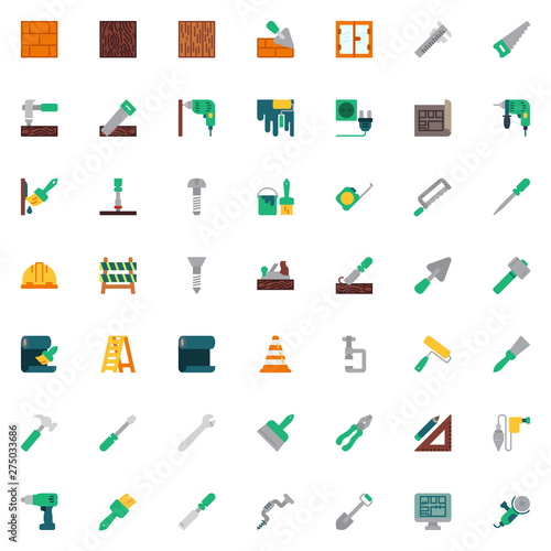 Construction and home repair tool elements collection, flat icons set, Colorful symbols pack contains - Electric drill, Safety Helmet, Screw, Paint roller. Vector illustration. Flat style design