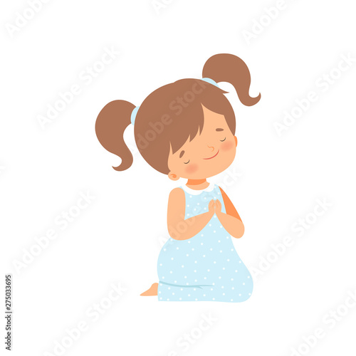 Adorable Little Girl Kneeling and Praying Cartoon Vector Illustration