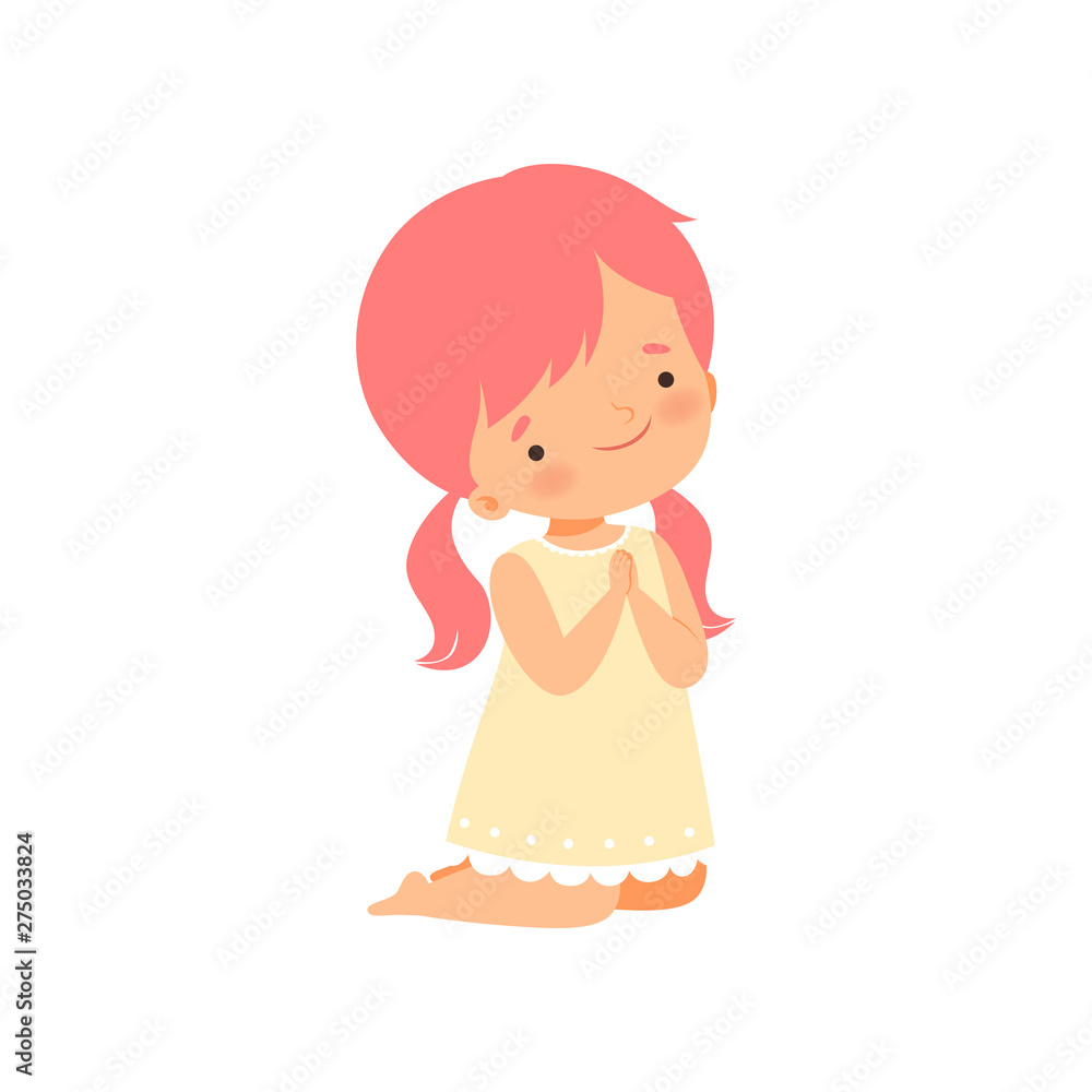 Little Girl Character Kneeling While Praying Cartoon Vector Illustration Little Girl Character Kneeling While Praying Cartoon Vector Illustration