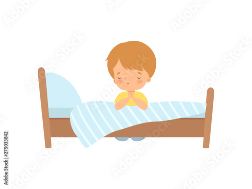 Little Boy Character Praying Beside his Bed Vector Illustration