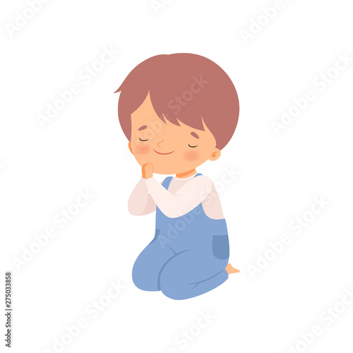 Cute Little Boy Character Praying Standing on His Knees Cartoon Vector Illustration