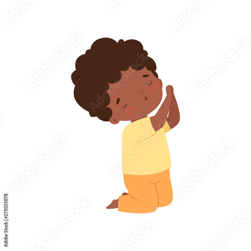 Little African American Boy Character Kneeling in Prayer Cartoon Vector Illustration