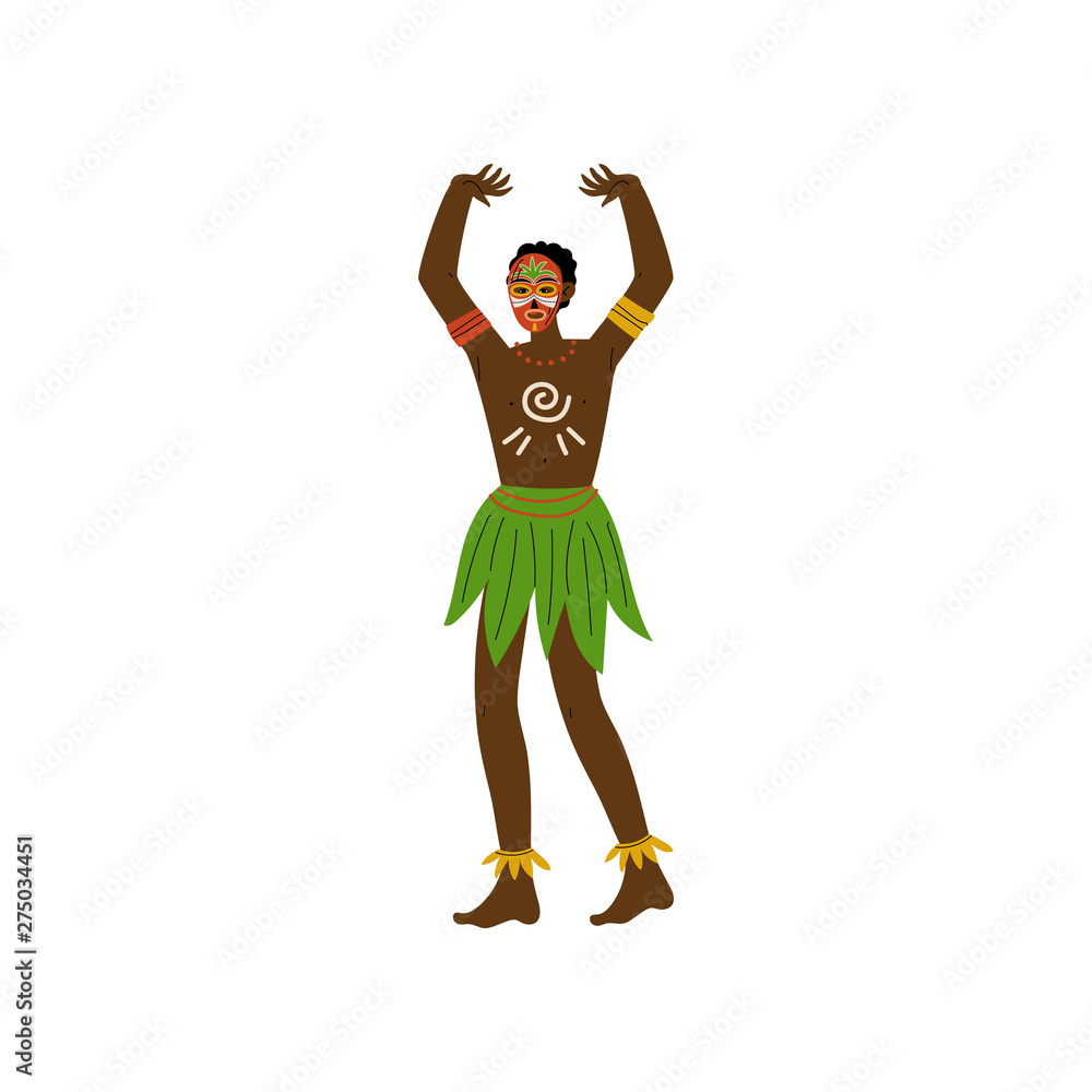 African Man, Male Aboriginal Dressed in Bright Traditional Ethnic Clothing and Painted Face Vector Illustration