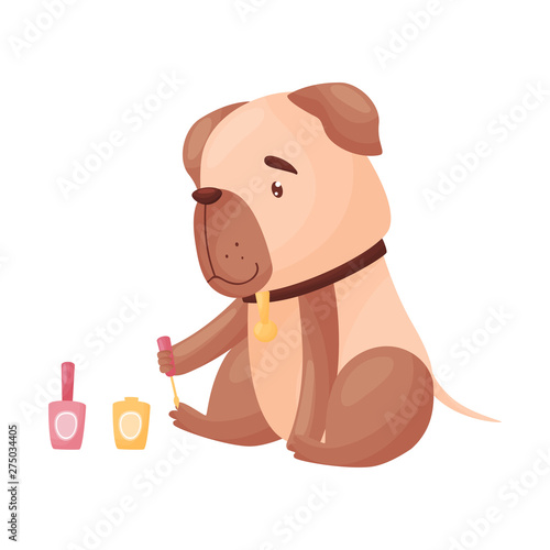 Humanized dog paints toenails. Vector illustration on white background.