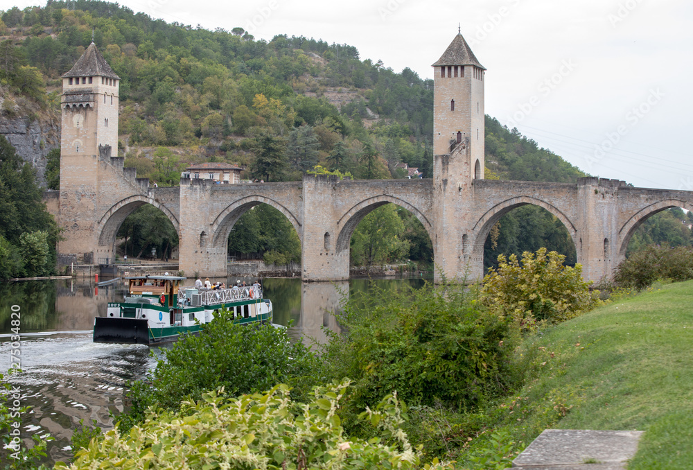 Cahors, France - September 15, 2018: The medieval Pont Valentre over the River Lot, Cahors, The Lot, France