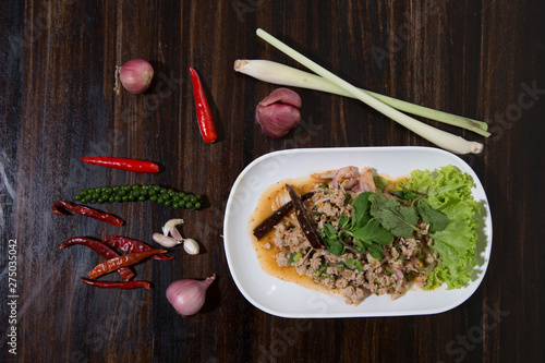 Top view, spicy minced pork salad - Thai food (Larb Moo)