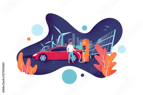 Man is charging electric car is on renewable power station generation. Solar panels and wind turbine fuel plant with city skyline in the background. Modern fluid shape noise grain vector illustration.