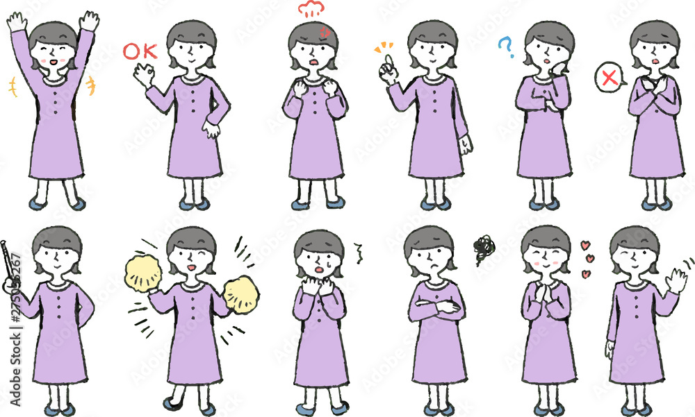 Illustration of a Woman wearing a purple dress face and pose set Illustration of a Woman wearing a purple dress face and pose set