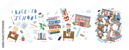 Back to school! Cute vector illustrations for a poster, banner or card with objects: background with text, school, desk with lessons, stationery, books, textbooks, pen, ruler,