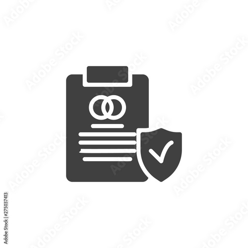 Prenuptial agreement document vector icon. Couple divorce filled flat sign for mobile concept and web design. Marriage contract insurance glyph icon. Symbol, logo illustration. Vector graphics