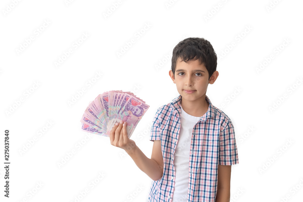 Portrait of a teenager holding ukrainian money hryvnia isolated on white background. Portrait of a teenager holding ukrainian money hryvnia isolated on white background.