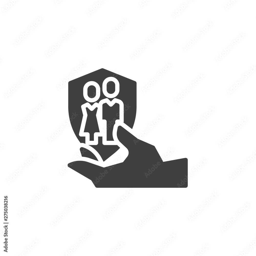 Family insurance vector icon. filled flat sign for mobile concept and web design. Hand with marriage couple shield glyph icon. Symbol, logo illustration. Vector graphics Family insurance vector icon. filled flat sign for mobile concept and web design. Hand with marriage couple shield glyph icon. Symbol, logo illustration. Vector graphics