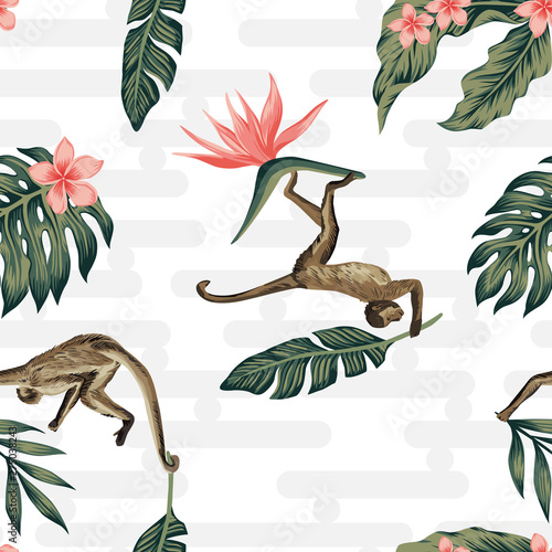 Tropical composition monkey palm leaves seamless geometric background
