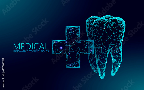 Medical cross healthy human tooth 3d. Medicine model low poly. Doctor online concept. Medical consultation app. Web healthcare dentist stomatologist modern technology vector illustration