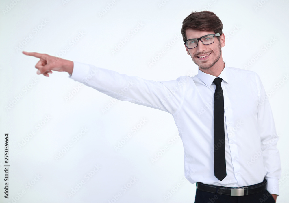 businessman pointing to the side businessman pointing to the side
