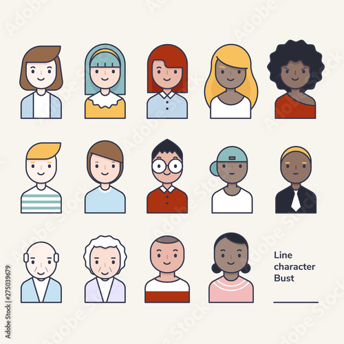 A set of outline style avatar characters. flat design style minimal vector illustration.