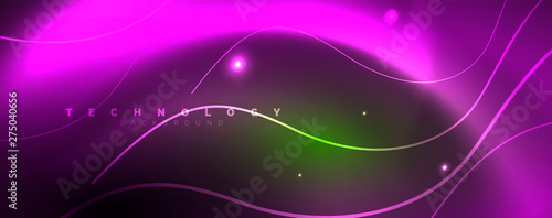 Shiny neon lines template - northern lights glowing blur lines. Futuristic style glow neon 80s disco club or night party techno template